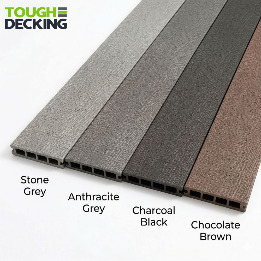 Tough Decking Uncapped Composite Decking Boards - Stone Grey - Anthracite Grey - Charcoal Black - Chocolate Brown - Woodsman Woodgrain Side - composite decking colours
