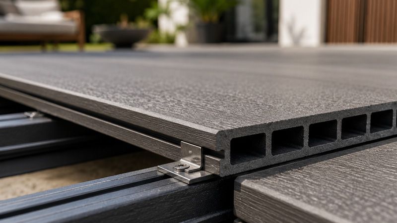 Hidden fastener clip seated in the groove of a composite decking board