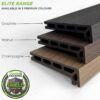 Elite capped composite step nosing boards stacked in Graphite Grey, Walnut Brown, and Champagne Light Oak featuring Tough Shield Technology