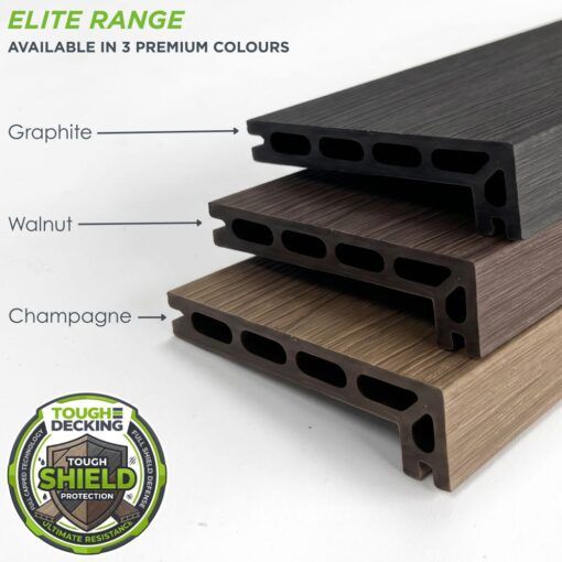 Elite capped composite step nosing boards stacked in Graphite Grey, Walnut Brown, and Champagne Light Oak featuring Tough Shield Technology