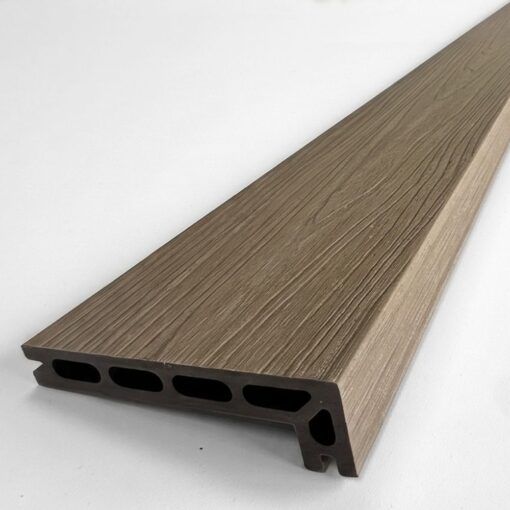 Champagne Light Oak capped composite step nosing board showing embossed woodgrain tread surface and drop nose profile