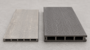 Thin, faded cheap composite decking board next to a thicker quality board
