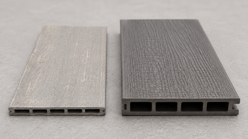 Thin, faded cheap composite decking board next to a thicker quality board