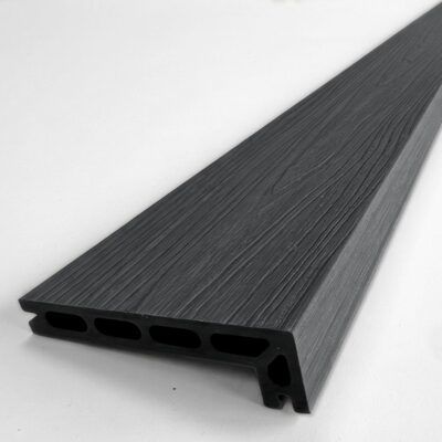 Graphite Grey capped composite step nosing board showing embossed woodgrain tread surface and drop nose profile