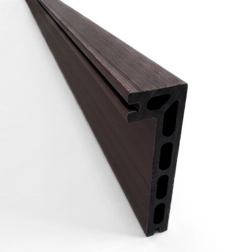 End cross section view of Walnut Brown composite step nose board showing hollow core structure and side groove