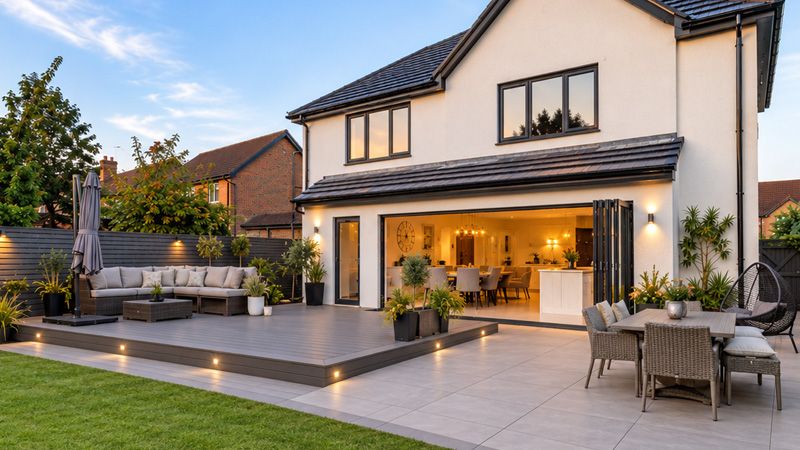 Composite decking next to a paved patio area in the same garden