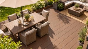 Composite decking in bright direct sunlight in a garden