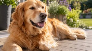 A dog lying on composite decking in a garden